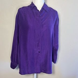 Vintage CLIO 100% Silk Purple Button Up Long Sleeve Shirt Top Medium